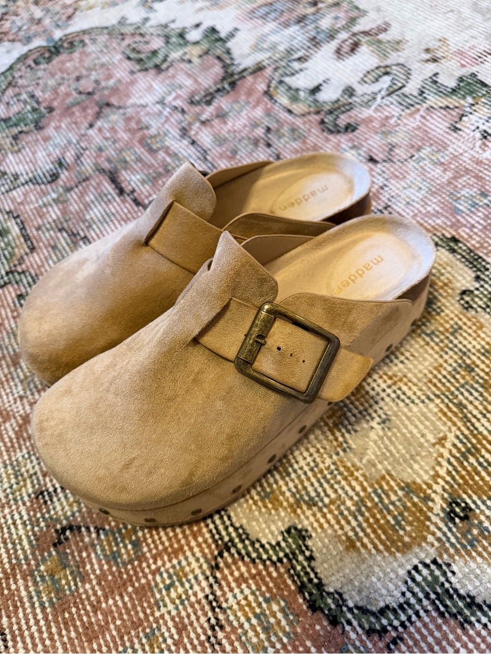 Madden Girl Tan Suede Clog Mules with Buckle